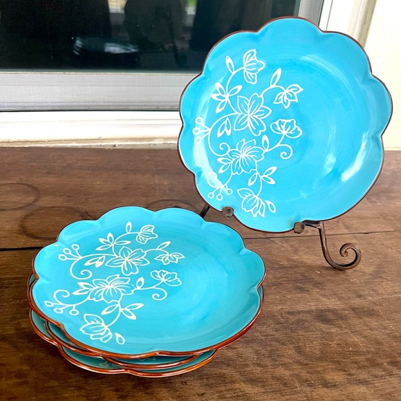 Set Of 4 Temptations by Tara Plates Floral Lace Light Blue, White & Brown - Picture 1 of 7